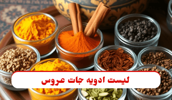 مجموعه‌ای از ادویه‌های عروس شامل زردچوبه، دارچین، زنجبیل، هل و فلفل سیاه در ظروف شیشه‌ای بر روی میز چوبی سنتی