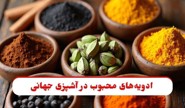 مجموعه متنوعی از ادویه‌های محبوب جهانی شامل فلفل سیاه، هل، زردچوبه، دارچین و زعفران در ظروف سنتی